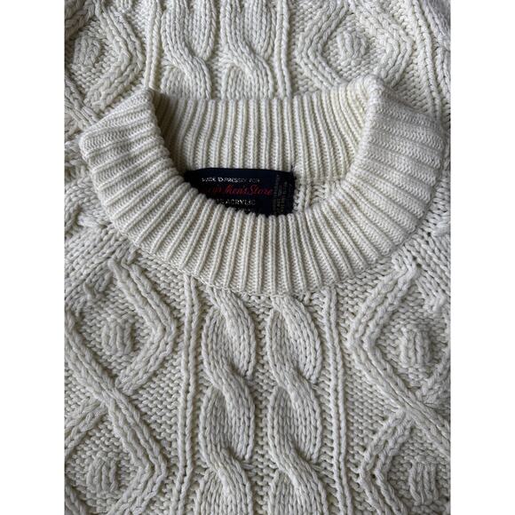 Vintage Macy’s Men’s Store Cable Knit Fisherman Sweater Cream 70s Taiwan L - Picture 5 of 14